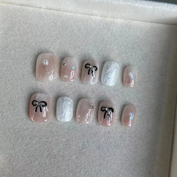 Qfdian 10 Pieces Bow Press on Nails Handmade Light Luxury Pearls Simple Short Fake Nails Cute Full Cover Nails Tips For Girls